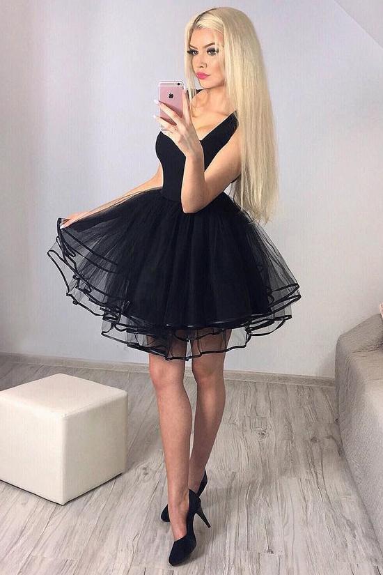 a line square black homecoming dress tulle pleated short prom dress