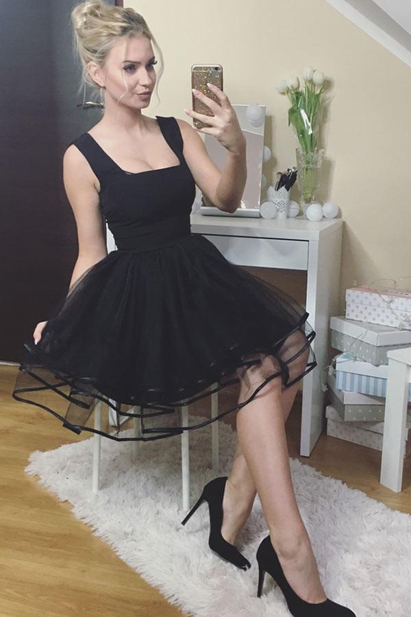 a line square black homecoming dress tulle pleated short prom dress