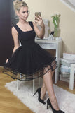 A-line Square Black Homecoming Dress Tulle Pleated Short Prom Dress GM120