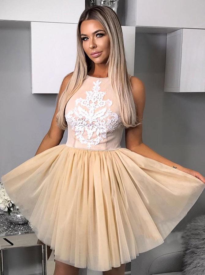 jewel appliqued short prom homecoming dress with pleated skirt