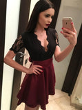 short sleeves black lace homecoming dresses burgundy skirt party dress