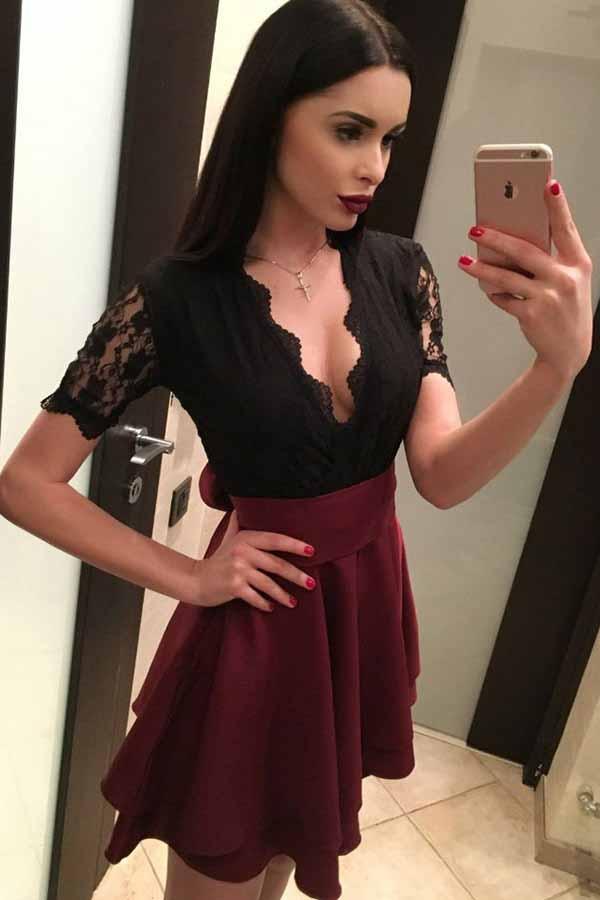 short sleeves black lace homecoming dresses burgundy skirt party dress