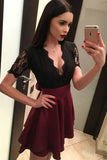 Short Sleeves Black Lace Homecoming Dresses, Burgundy Skirt Party Dress GM207