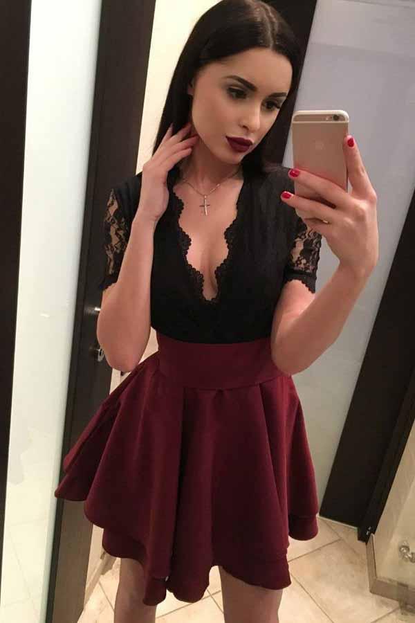 short sleeves black lace homecoming dresses burgundy skirt party dress