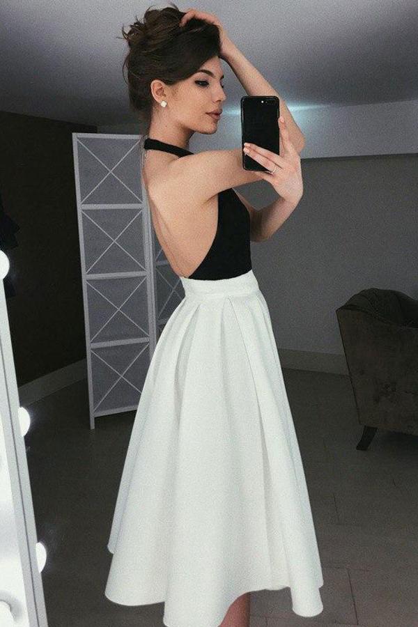 backless homecoming dress with pleats halter tea length prom dresses