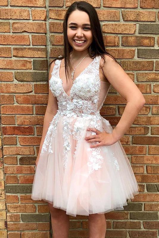 princess v neck pink short prom dresses tulle with applique homecoming dress