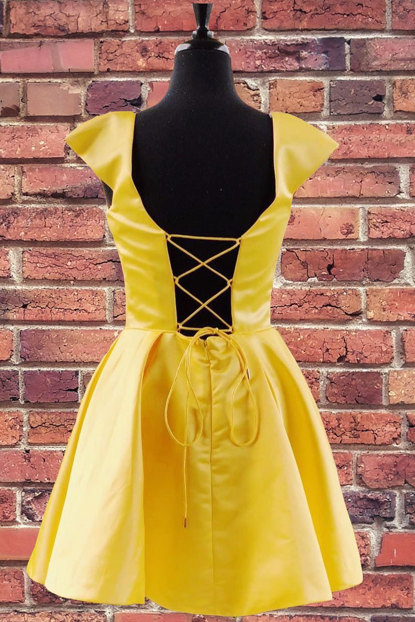 cap sleeves short prom homecoming dress with beaded pockets