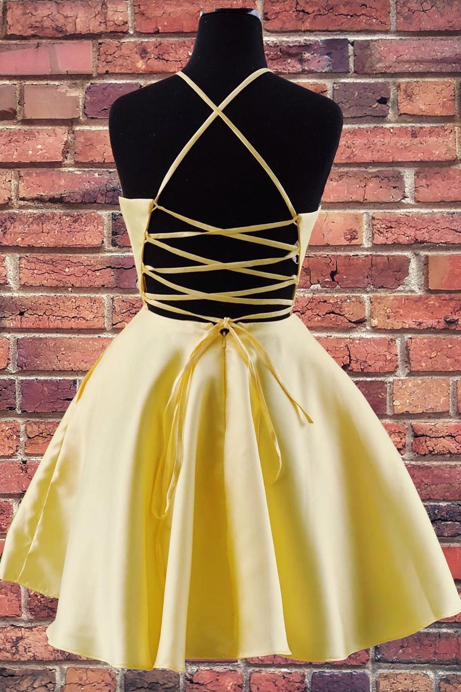 a line halter yellow homecoming dress with embroidered pockets