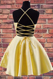 a line halter yellow homecoming dress with embroidered pockets