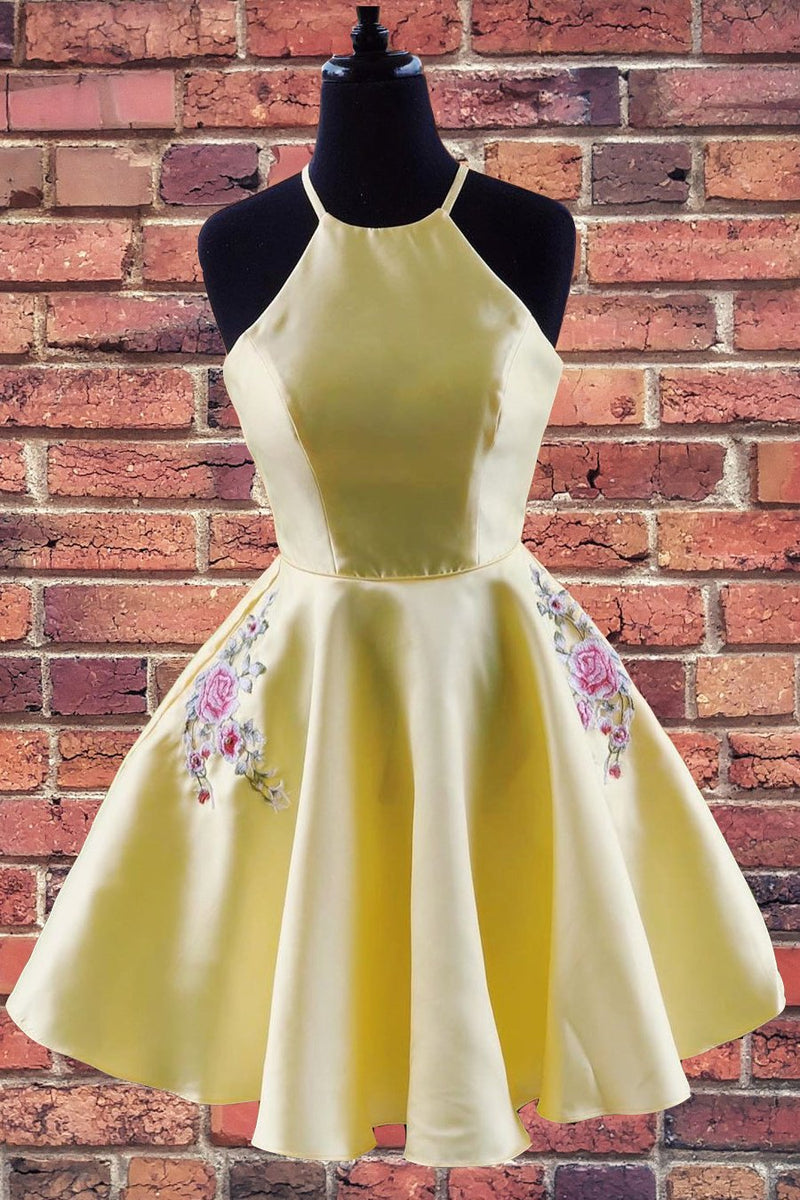 a line halter yellow homecoming dress with embroidered pockets