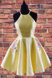 A-line Halter Yellow Homecoming Dress with Embroidered Pockets GM96