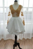 long sleeve short prom dress gold appliques white homecoming dress