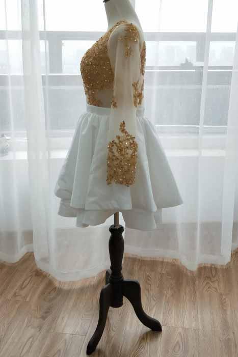 long sleeve short prom dress gold appliques white homecoming dress