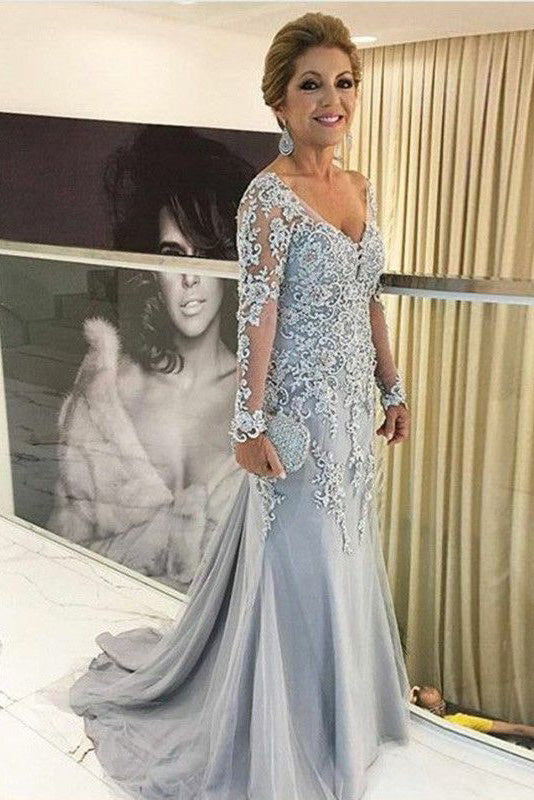 lace appliques long sleeves mermaid mother of the bride dress wm105