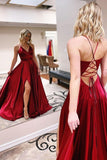 Burgundy backless long prom dresses, a-line v-neck formal evening dresses mg02