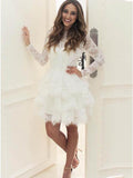 white tiered a line lace homecoming dress long sleeve little black dress