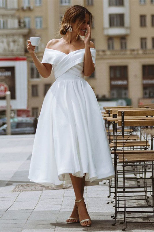 elegant off shoulder sleeveless knee length simple wedding dress