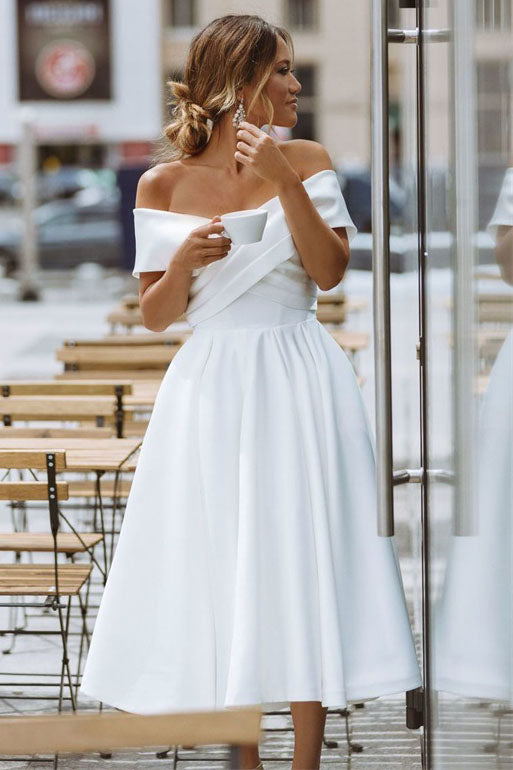elegant off shoulder sleeveless knee length simple wedding dress
