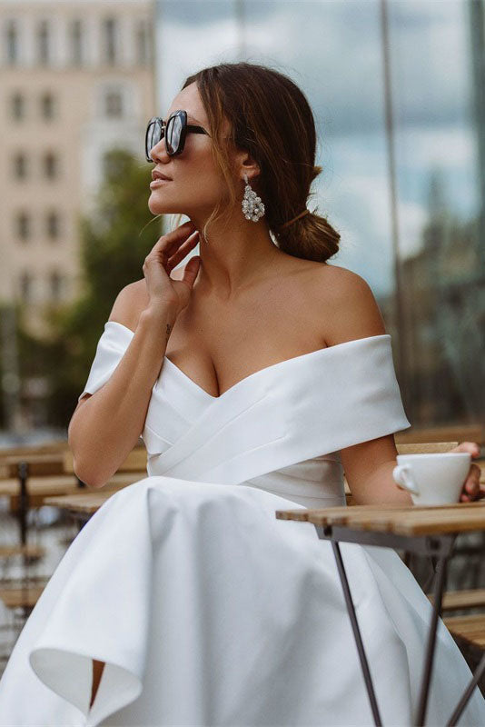 elegant off shoulder sleeveless knee length simple wedding dress