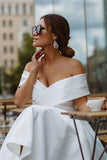 elegant off shoulder sleeveless knee length simple wedding dress