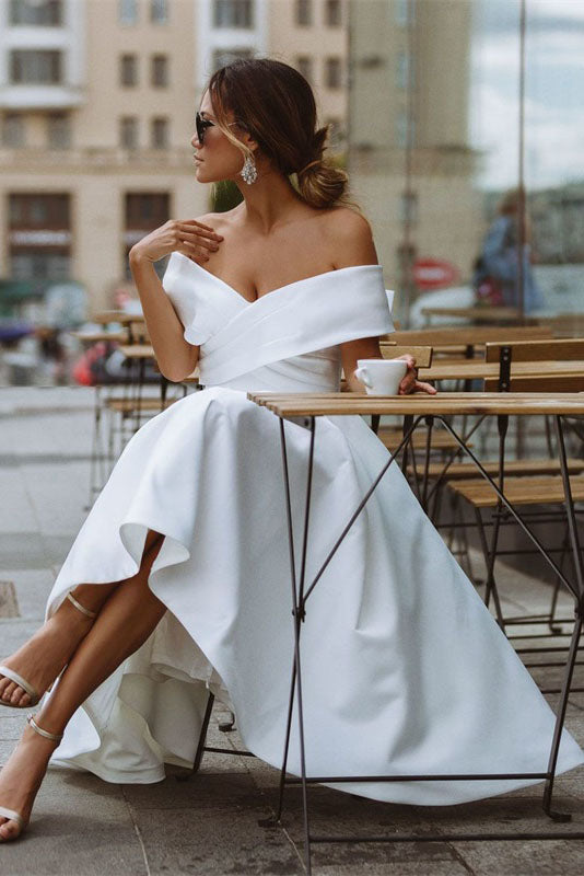 elegant off shoulder sleeveless knee length simple wedding dress