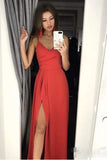 simple evening gown spaghetti straps satin prom dress with split