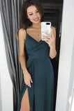 simple evening gown spaghetti straps satin prom dress with split