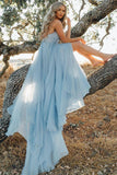 A-line Spaghetti Straps Chiffon Slit Light Sky Blue Long Prom Dress MP1113