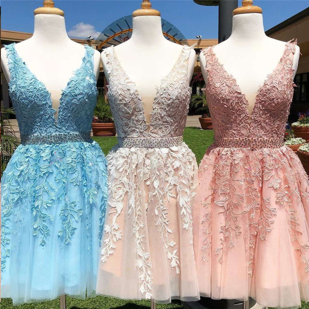 chic a line tulle applique short prom dress v back homecoming party dress