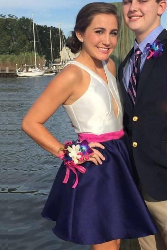 navy blue a line v neck keyhole satin homecoming dress