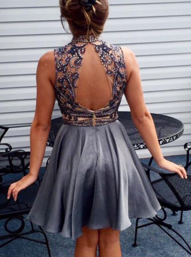 high neck open back beading chiffon short homecoming dress