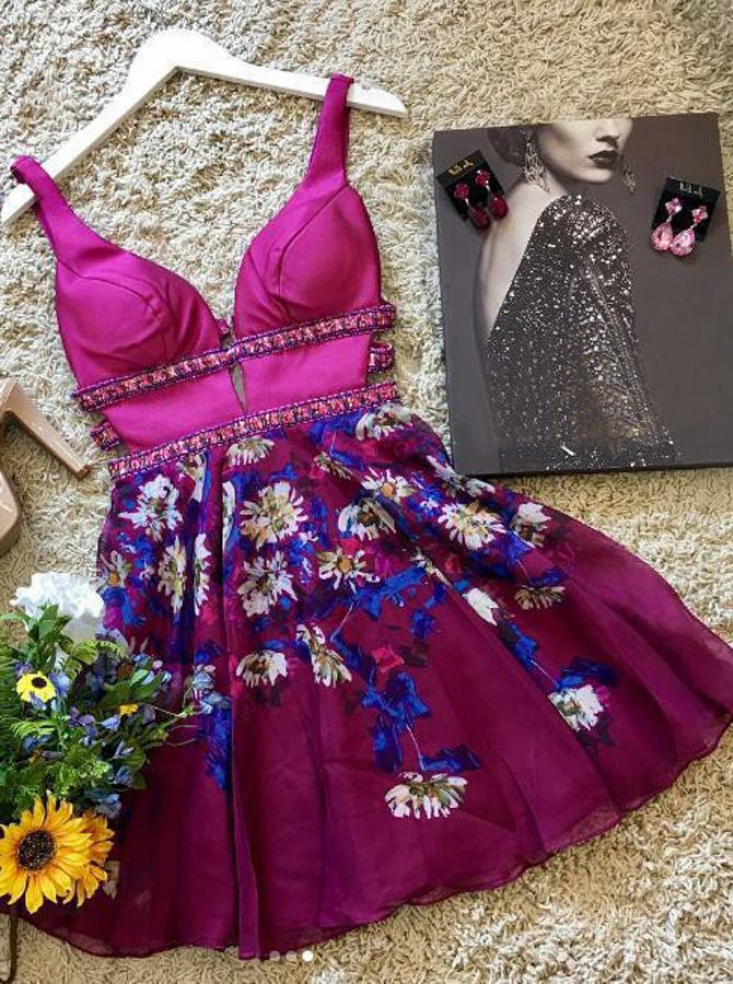 a line plunging neck floral print short mini party dress with beading