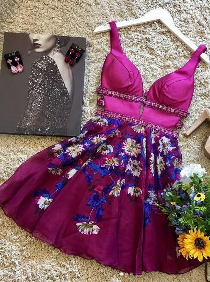 a line plunging neck floral print short mini party dress with beading
