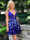 royal blue plunging neck floral print backless party dress with beading
