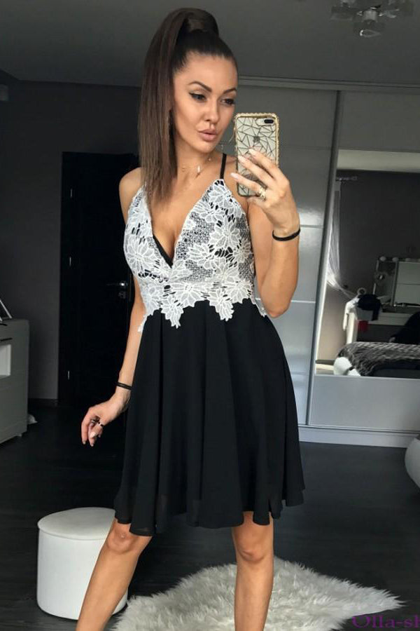 spaghetti straps black chiffon cocktail dress with lace appliques