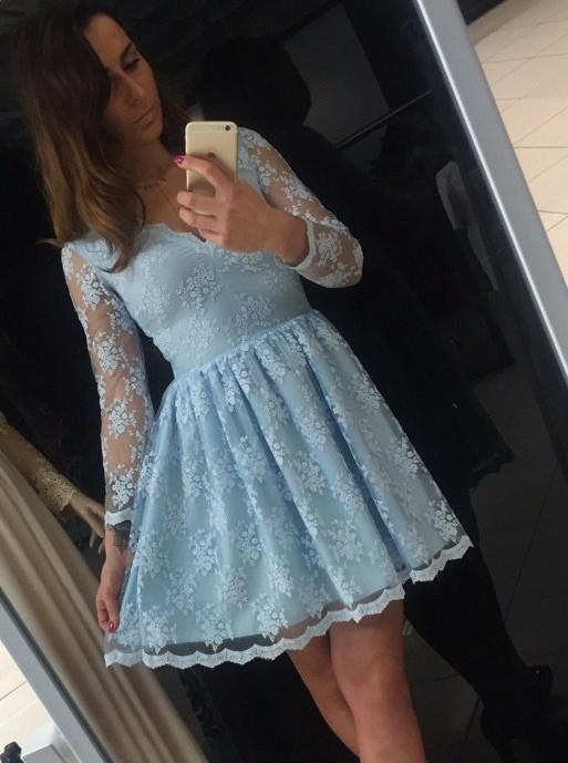 blue a line v neck long sleeve short lace homecoming dress