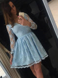 blue a line v neck long sleeve short lace homecoming dress