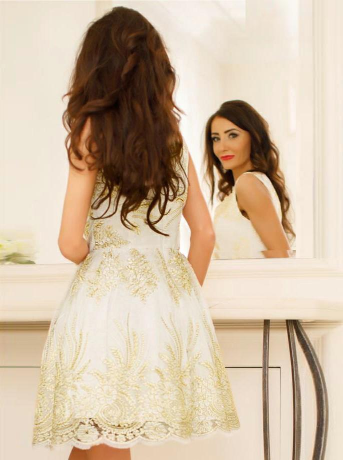 a line v neck gold appliques short tulle homecoming dress