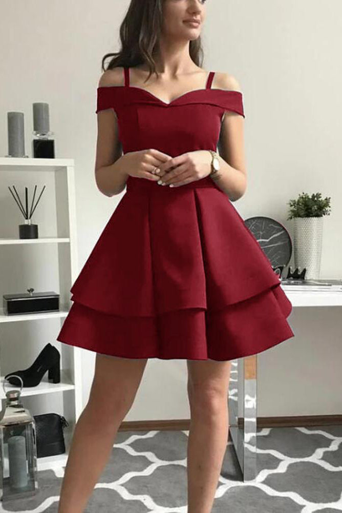 off shoulder burgundy graduation gown satin homecoming short prom dress