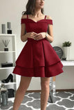 Off Shoulder Burgundy Graduation Gown, Satin Homecoming Short Prom Dress GM329