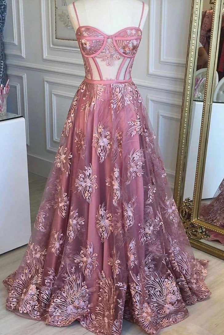 Spaghetti Straps Sweetheart Neck Tulle Long Prom Dress With Appliques MP177