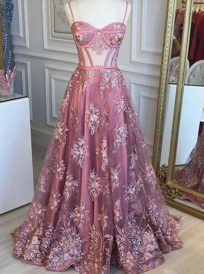 Spaghetti Straps Sweetheart Neck Tulle Long Prom Dress With Appliques MP177