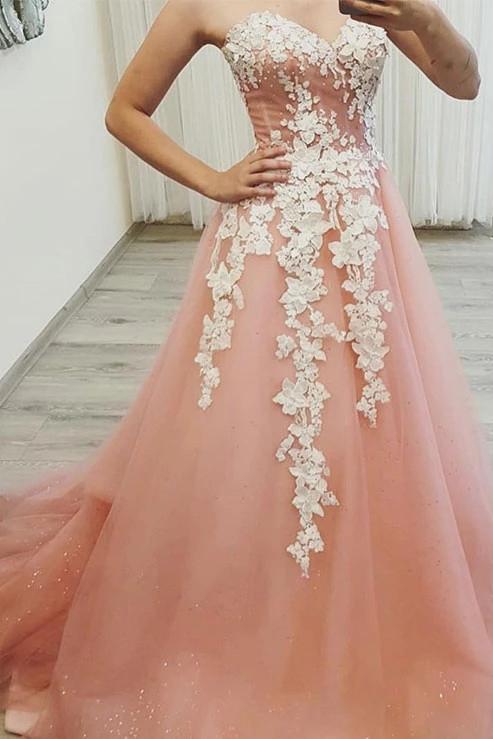 Sparkly Sweetheart Neck Tulle Long Prom Dresses With Appliques MP173