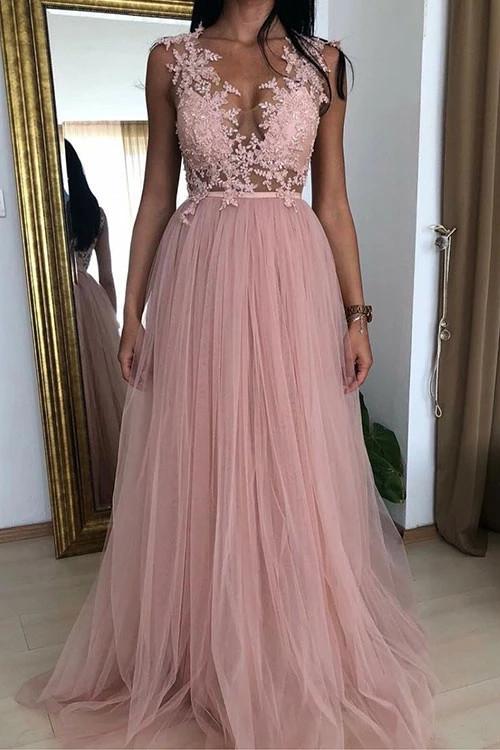 A-line V-neck Prom Dresses With Appliques, Tulle Long Evening Dress MP181