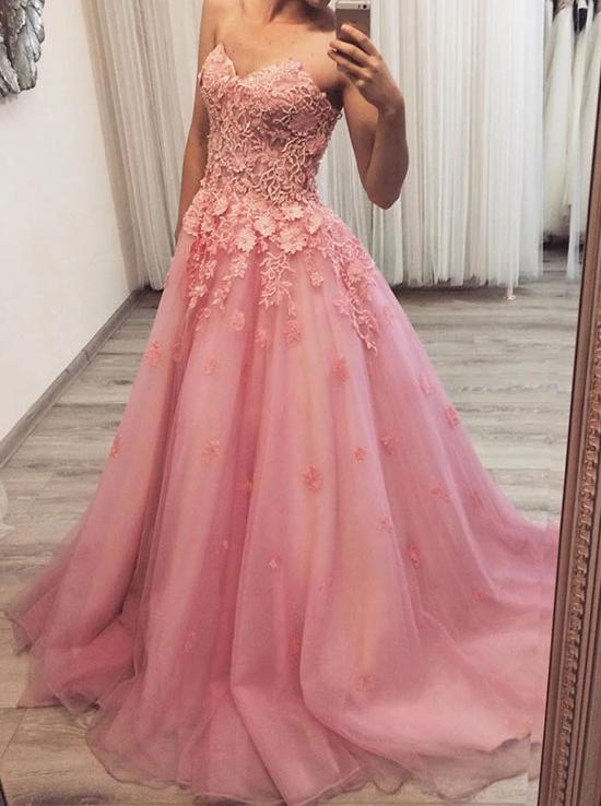 Sweetheart Pink Tulle Long Prom Dress, Appliqued Formal Evening Dress MP180