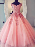 A-line Tulle Long Prom Dresses With Appliques, Quinceañera Evening Dress MP179