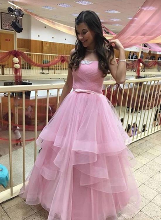 Charming Pink Tulle Long Prom Dresses, Strapless Sweet 16 Dress MP183