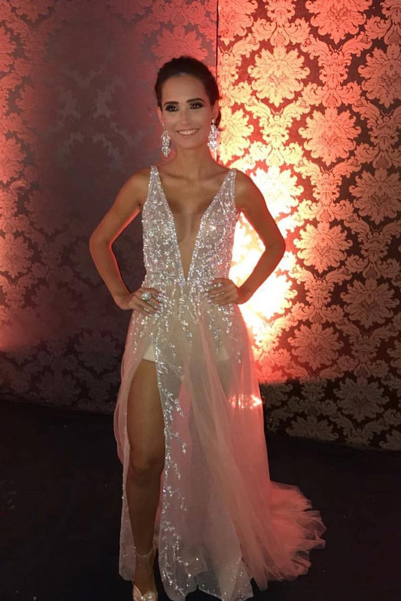 Glitter Deep V Neck Tulle Long Prom Dresses, Sexy Slit Evening Dress MP167