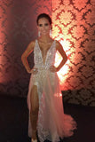 Glitter Deep V Neck Tulle Long Prom Dresses, Sexy Slit Evening Dress MP167
