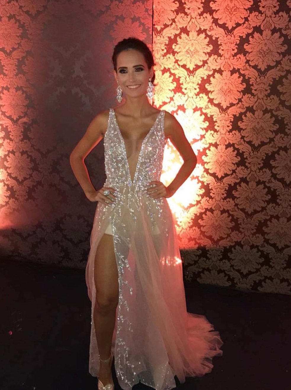 Glitter Deep V Neck Tulle Long Prom Dresses, Sexy Slit Evening Dress MP167